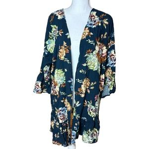 LOVELY MELODY: Navy Blue Floral Ruffle Duster / Cardigan- Size Small